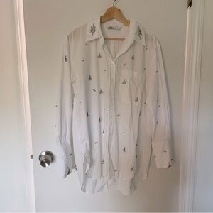 Zara Rhinestone Jewel Poplin Button Down Shirt